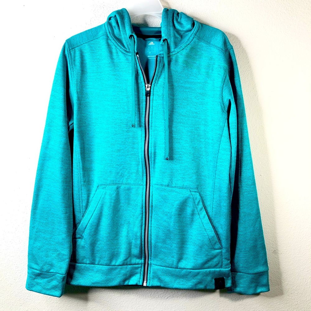 Adidas fleece hoodie jacket Bluish green color.